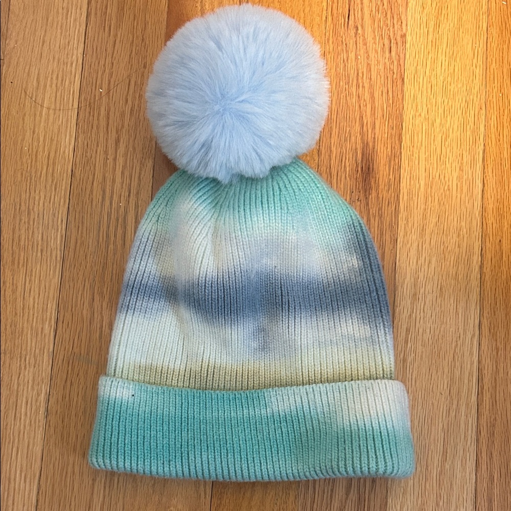 Women's Blue and Green Tie-Dye Pom-Pom Beanie